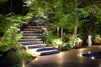 Landscape Lighting Project in Ontario by Nightscapes: pathway lighting near a wooden deck and concrete stairs.